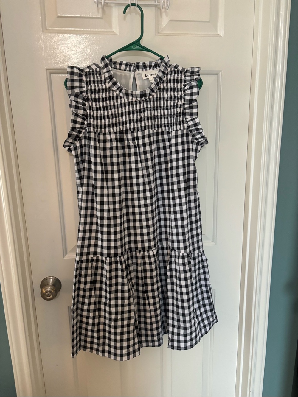 Merci Smocked Black and White Gingham Ruffle-Sleeve Mini Dress - NWOT